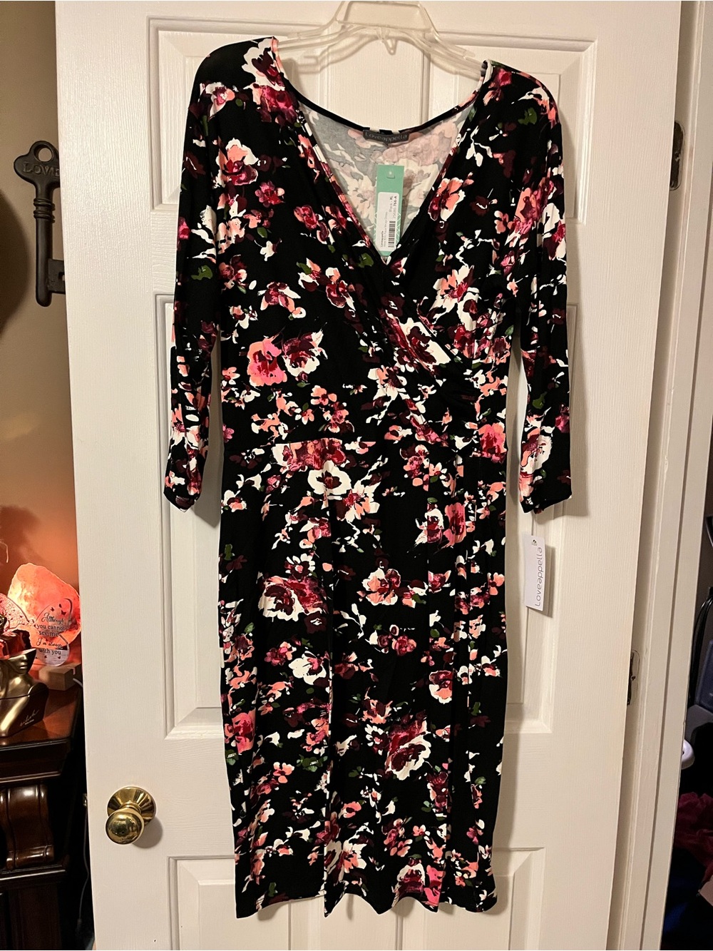 Loveappella Black Floral Wrap Midi Dress with Pink & White Blooms